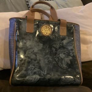 Consuela tote NWOT, black/grey flowers with brown leather handles 9.5in